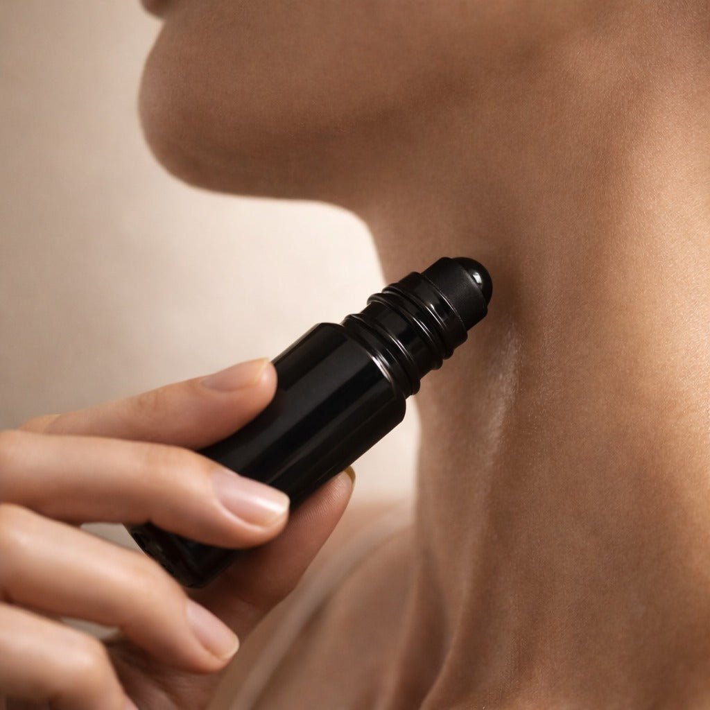 Olio profumato MONOM steso con il roll-on sul collo